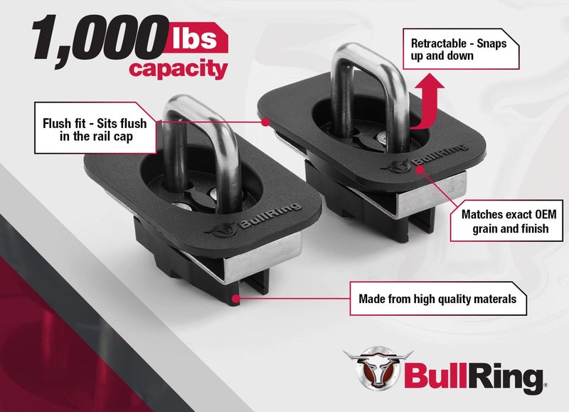 Bull Ring Flush Fit Retractable Truck Bed Tie Down Anchors Fits '14-19 Toyota Tundra Regular & Extended Cab, Sits Flush in The Rail Cap, 1,000 lbs Rated Capacity, Easy Installation, 1 Pair - Image 2